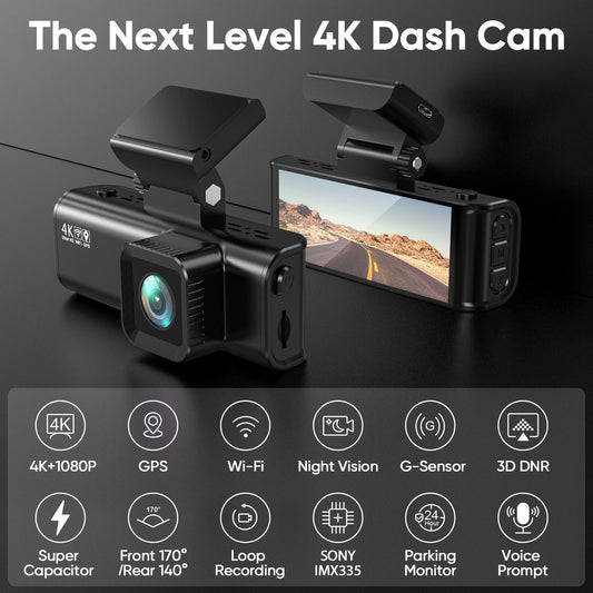 Dash Cam Front Rear, 4K+1080P  Full HD Dash Camera for Cars, Built-in Wi-Fi GPS, Night Vision, 170°Wide Angle, WDR, 24H Parking Mode(F7NP)