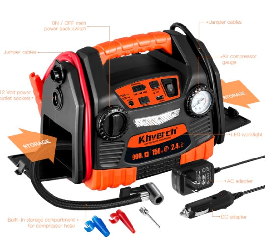 Car Battery Jump Starter With Air Compressor 900A, 12V Output,150PSI Air Compressor With 9AH Battery