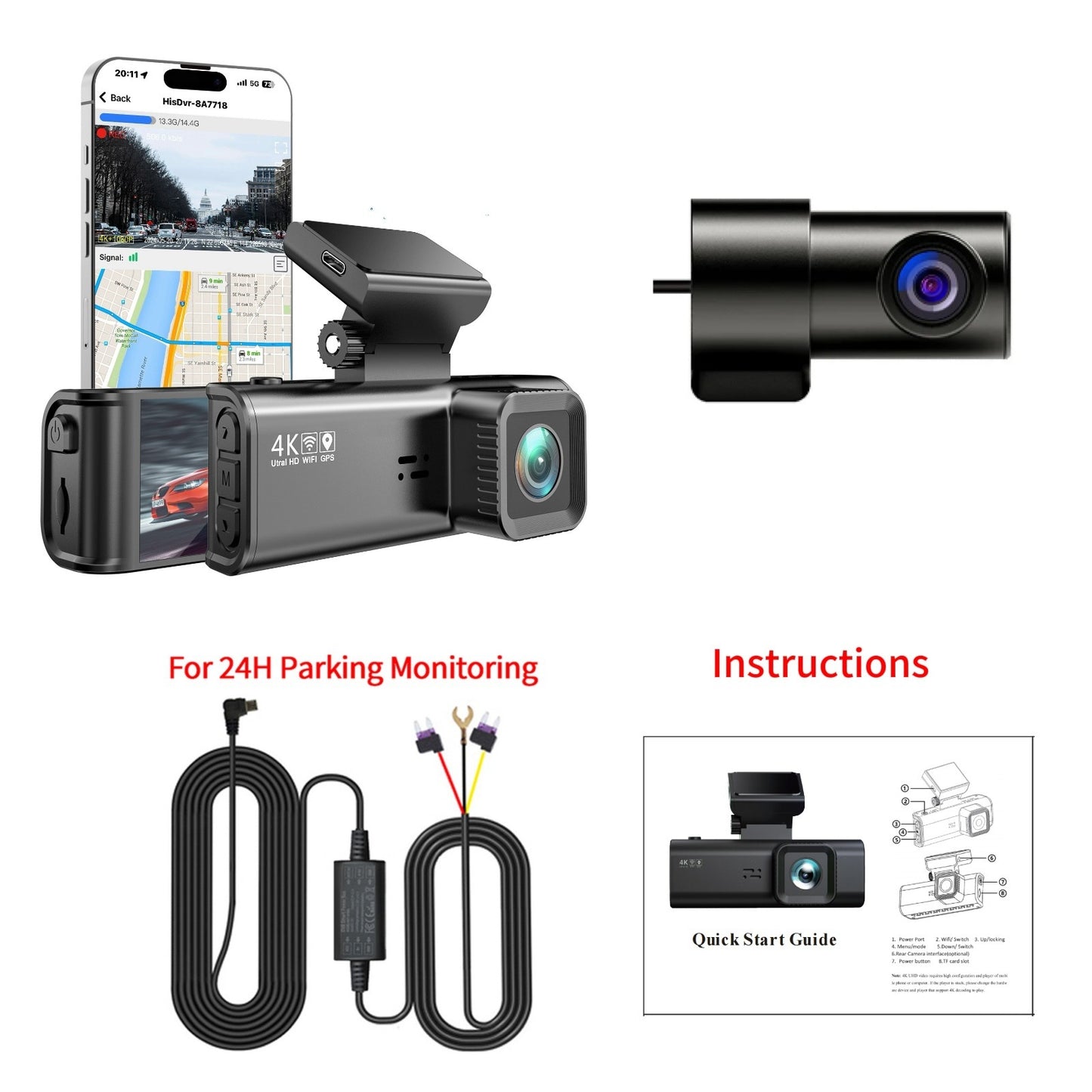 Dash Cam Front Rear, 4K+1080P  Full HD Dash Camera for Cars, Built-in Wi-Fi GPS, Night Vision, 170°Wide Angle, WDR, 24H Parking Mode(F7NP)